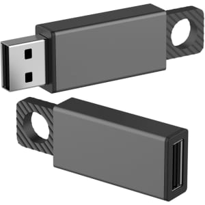 A black Brampton Flash Drive with a USB connector and a textured grip. Features a hole for attachment.
