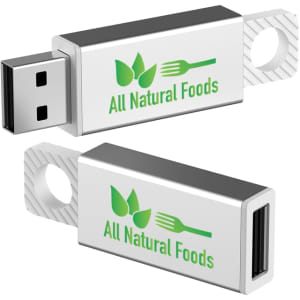 A silver and black USB flash drive featuring a logo and a keyring hole for attachment.