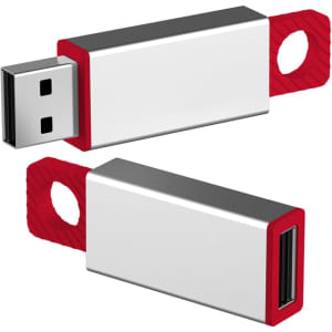 A silver and red flash drive with a textured red loop for attaching to keychains. Features branding on one side.
