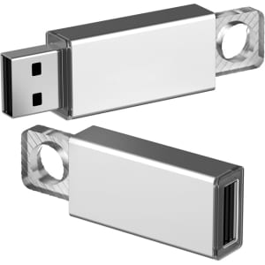 A silver flash drive with a USB connector and a hole for attachment. It has a sleek, metallic design and a logo.