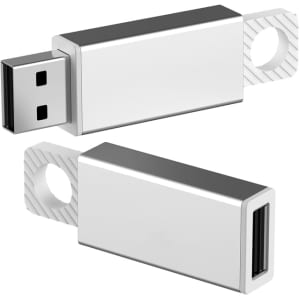A silver Brampton flash drive with a sleek design, featuring a USB connector and a looped end for easy attachment.