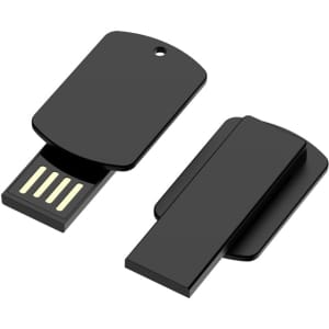 A black flash drive featuring a clip design and a USB connector on one side. The product includes a logo.