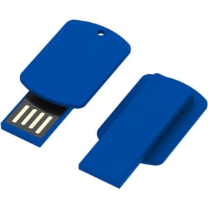 A blue USB flash drive with a push-pull design and a hole for attachment. It features a logo on one side.