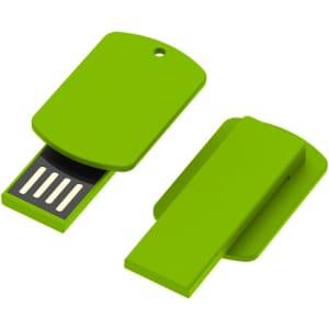 A green flash drive with a sliding mechanism and a hole for attachment, featuring a logo on one side.