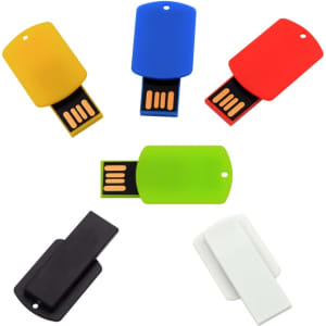 A collection of five Charlie Clip Flash Drives in yellow, blue, red, green, black, and white, featuring a logo.