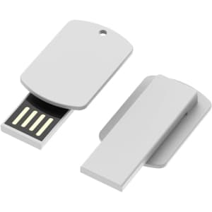 A grey USB flash drive with a hinged cover, featuring a simple design and a loop for attachment.