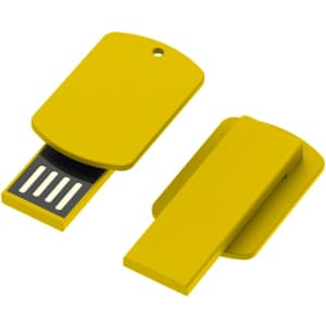 A yellow flash drive with a removable cap and a branding logo on it, designed for technology use.