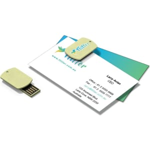 A light green eco-friendly flash drive beside a business card on a white background, featuring a logo.