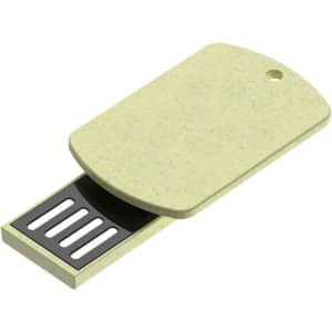 A green eco-friendly flash drive with a sliding mechanism and a hole for attaching to a keychain or lanyard.