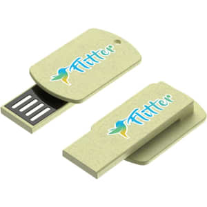 A light green flash drive with a sliding cover and a logo. Features a compact and eco-friendly design.