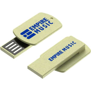 A light green flash drive with a removable cap and a logo. It features a USB connector for data storage.