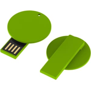 A green circular flash drive with a detachable cover, featuring a USB connector and a hole for attachment.