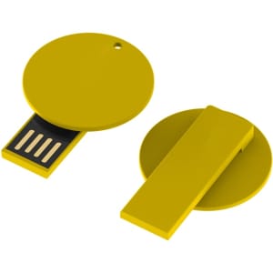 A yellow circular flash drive with a sliding mechanism and a small hole for attaching to a keychain.