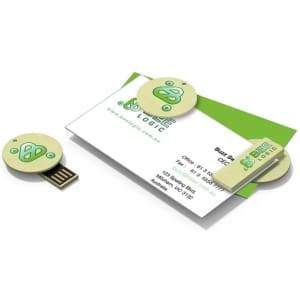 A green Burton Eco Clip Flash Drive alongside a business card, featuring a round, eco-friendly design and a logo.