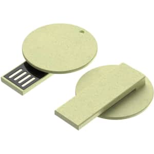 A round, green eco-friendly flash drive with a sliding cover and a small hole for attachment. It features a logo.