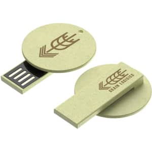 A green, eco-friendly flash drive with a round design and a logo, featuring a retractable connector.