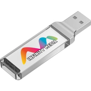 A clear flash drive featuring a colourful logo, with a USB connector at one end.
