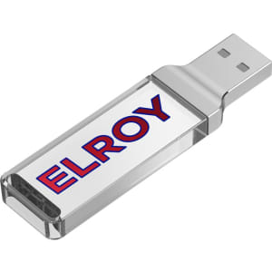 A clear USB flash drive with a metallic connector and a branding logo.