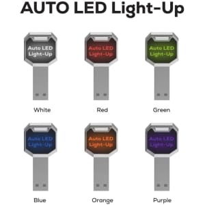 A collection of six Auto LED Flash Drives in white, red, green, blue, orange, and purple, each featuring a logo.