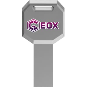 A grey octagonal USB flash drive with a branding logo on one side.