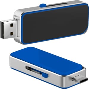 An Oak Type-C LED flash drive featuring a silver and blue design, with a USB and Type-C connector.