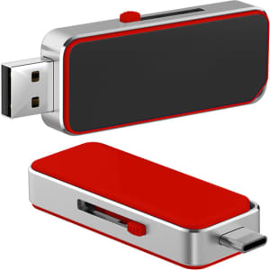 A red and silver Type-C LED flash drive with a sliding mechanism and a branding logo.