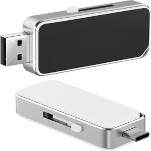 A silver and black Oak Type-C LED flash drive with a white underside, featuring a logo.