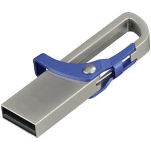 A metallic silver flash drive with a blue clip for easy attachment and storage.