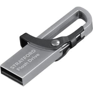 A silver flash drive with a clip design, featuring a logo and sleek metallic finish.