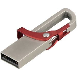A silver flash drive with a red clip for easy attachment, featuring a logo on the body.