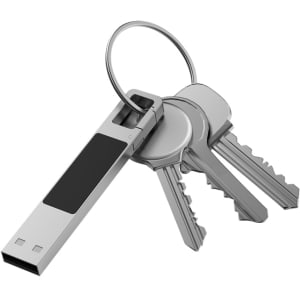 A silver LED flash drive attached to a keyring with several keys. The flash drive has a sleek design.