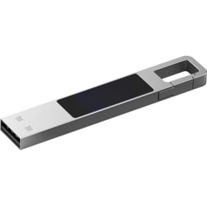 A sleek silver LED flash drive with a rectangular design and a built-in loop for easy attachment.