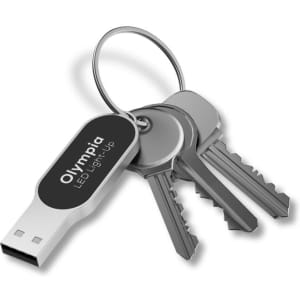 A silver LED flash drive attached to a keyring alongside three metallic keys, featuring a black and silver design.