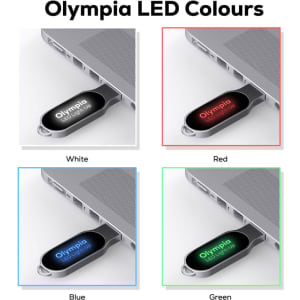 A collection of four Olympia LED Flash Drives in white, red, blue, and green, each plugged into a laptop.