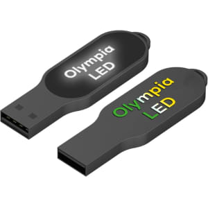 A black Olympia LED flash drive with a rounded shape featuring a logo on both sides.