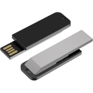 A black and silver Jonah LED clip flash drive with a sleek design, featuring a USB connector and branding.
