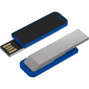 A blue and silver Jonah LED clip flash drive with a USB connector and a clip design.