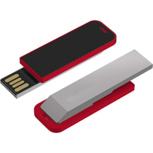 A red and silver Jonah LED clip flash drive with a sliding USB connector and a smooth design, featuring a logo.