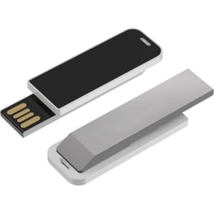 A sleek white and metallic grey LED clip flash drive with a retractable USB connector. It features a logo on the surface.