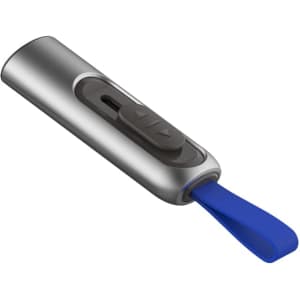 A silver flash drive with a blue pull tab and a black slider button, featuring a logo.