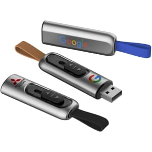Three silver flash drives with coloured pull tabs in blue and brown, featuring branding on the sides.