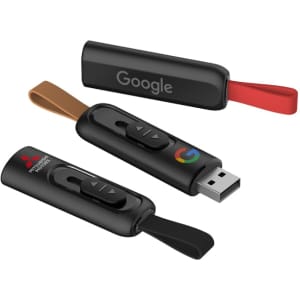 A black flash drive with a pull-out connector, featuring red and brown tabs and a logo.
