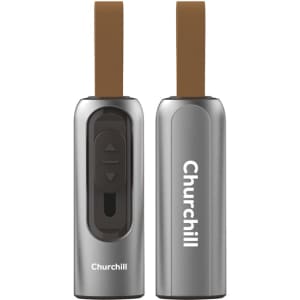 A silver flash drive with a brown strap, featuring a control panel and a logo.