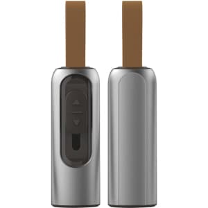 A silver flash drive with a brown strap, featuring a control panel on one side and branding.