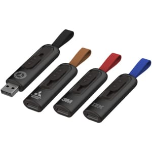 A collection of four Churchill Flash Drives in black, with red, blue, and brown straps, each featuring a logo.