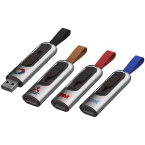 A set of four Churchill flash drives in silver with black, brown, and blue accents, featuring various logos.