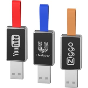 Three LED flash drives in black with different coloured loops: red, blue, and tan. Each has a logo on its surface.