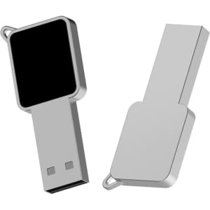 A silver LED flash drive with a rectangular design and a black panel on one side. It features a loop for attachment.