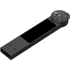 A black Atlas LED Flash Drive with a built-in compass feature. It has a sleek, modern design.