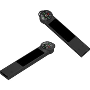A black Atlas LED flash drive with a compass on one end, featuring a sleek, elongated design.